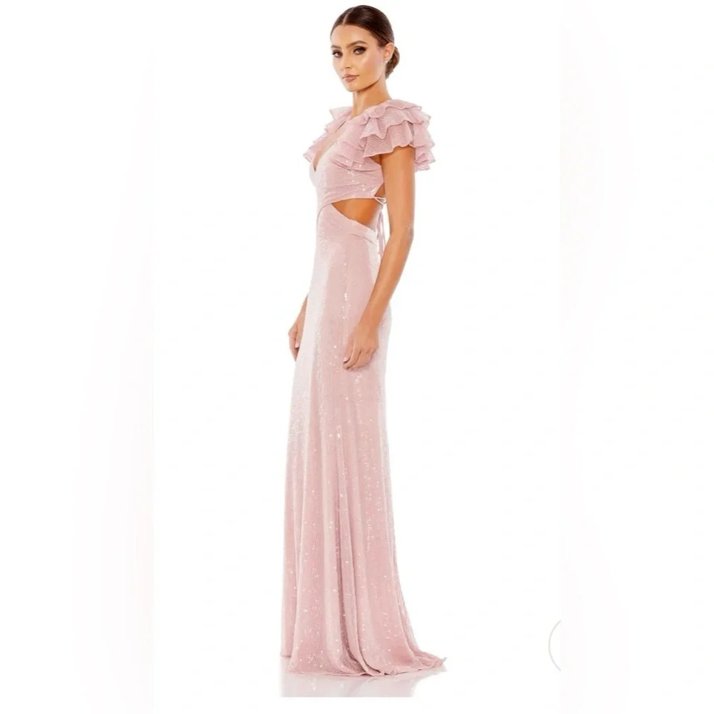Mac Duggal Sequined Ruffled Cut Out Lace Up Gown in Rose